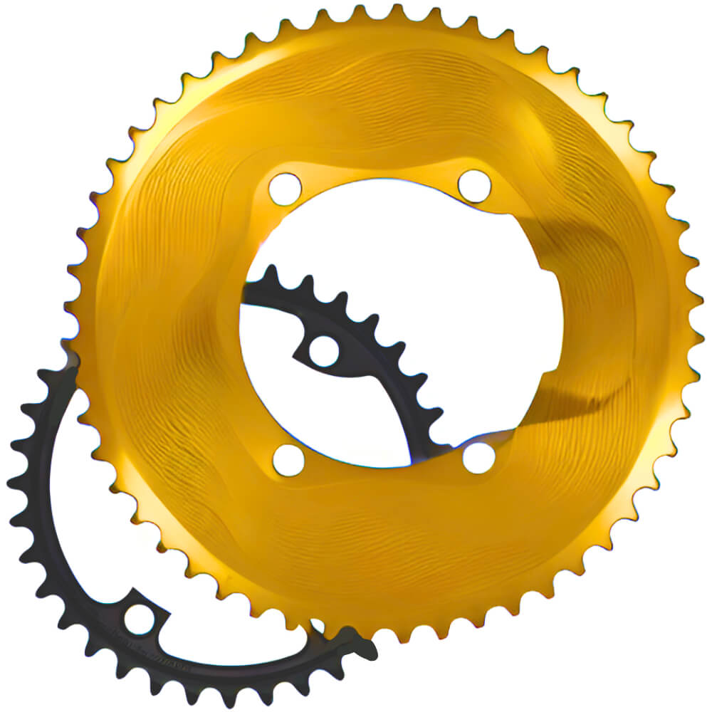 A black inner chainring and a gold outer ALUGEAR 110x4 Aero Chainring For Shimano R8100/R9200 cranksets against a white background.