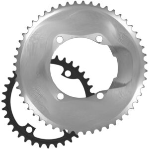 A black inner chainring and silver outer ALUGEAR 110x4 Aero Chainrings For Shimano R8100/R9200 against a white background.