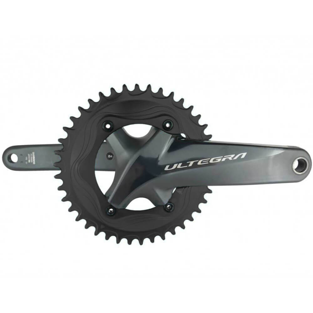 Ultegra crankset with a black ALUGEAR 1x 110x4 Chainring on a white background.