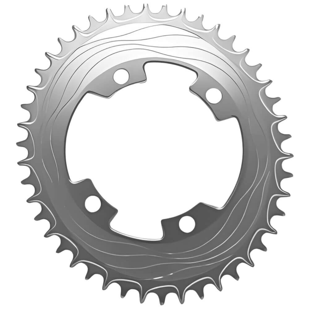 A silver ALUGEAR Aero 107 BCD Oval bicycle chainring on a white background.