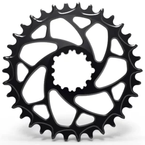 A black ALUGEAR 3-Bolt Boost Chainring for SRAMagainst a white background.