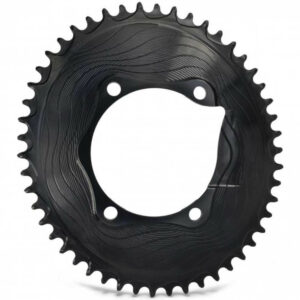 A black ALUGEAR Oval 1x 110x4 Chainring for Shimano 11-Speed against a white background.