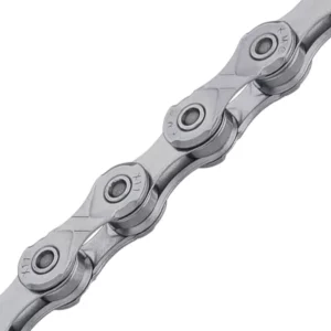 A close up of two silver KMC X11 EPT 11-Speed chain links against a white background.