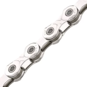 A close up of two silver KMC X12 12-Speed chain links on a white background.
