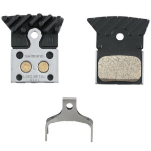 Shimano L04C-MF Metallic Finned Disc Brake Pads with pad spring against white background.