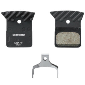 Shimano L05A-RF Resin Disc Brake Pads with Fins and pad spring against a white background.