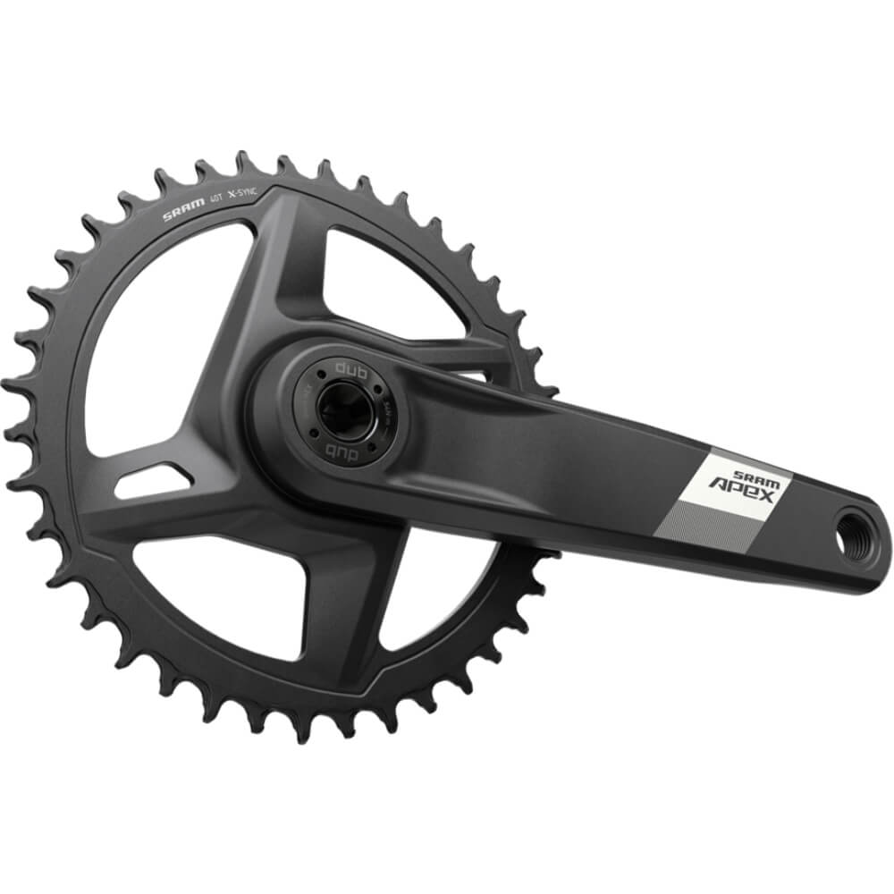 An angled image of a matte black SRAM Apex 1x DUB crankset on a white background.