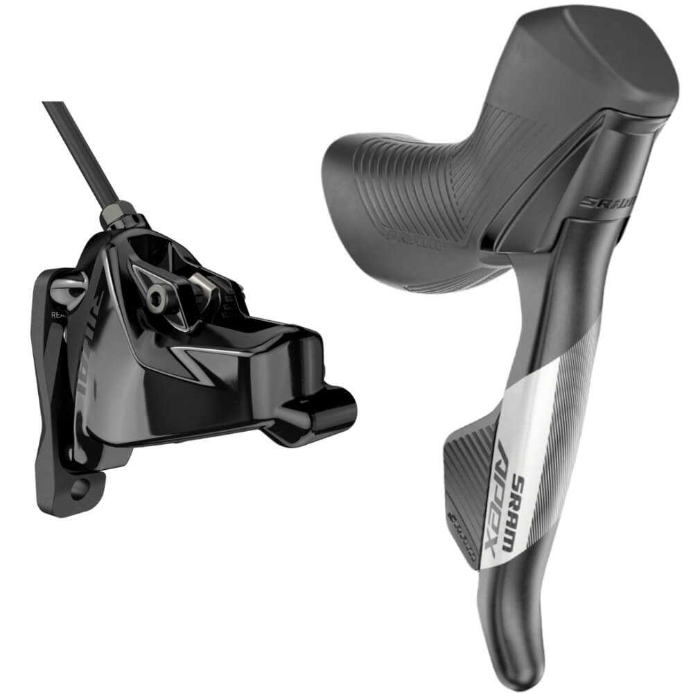 A black SRAM Apex AXS Hydraulic Right Side Shift-Brake Lever and brake caliper against a white background.