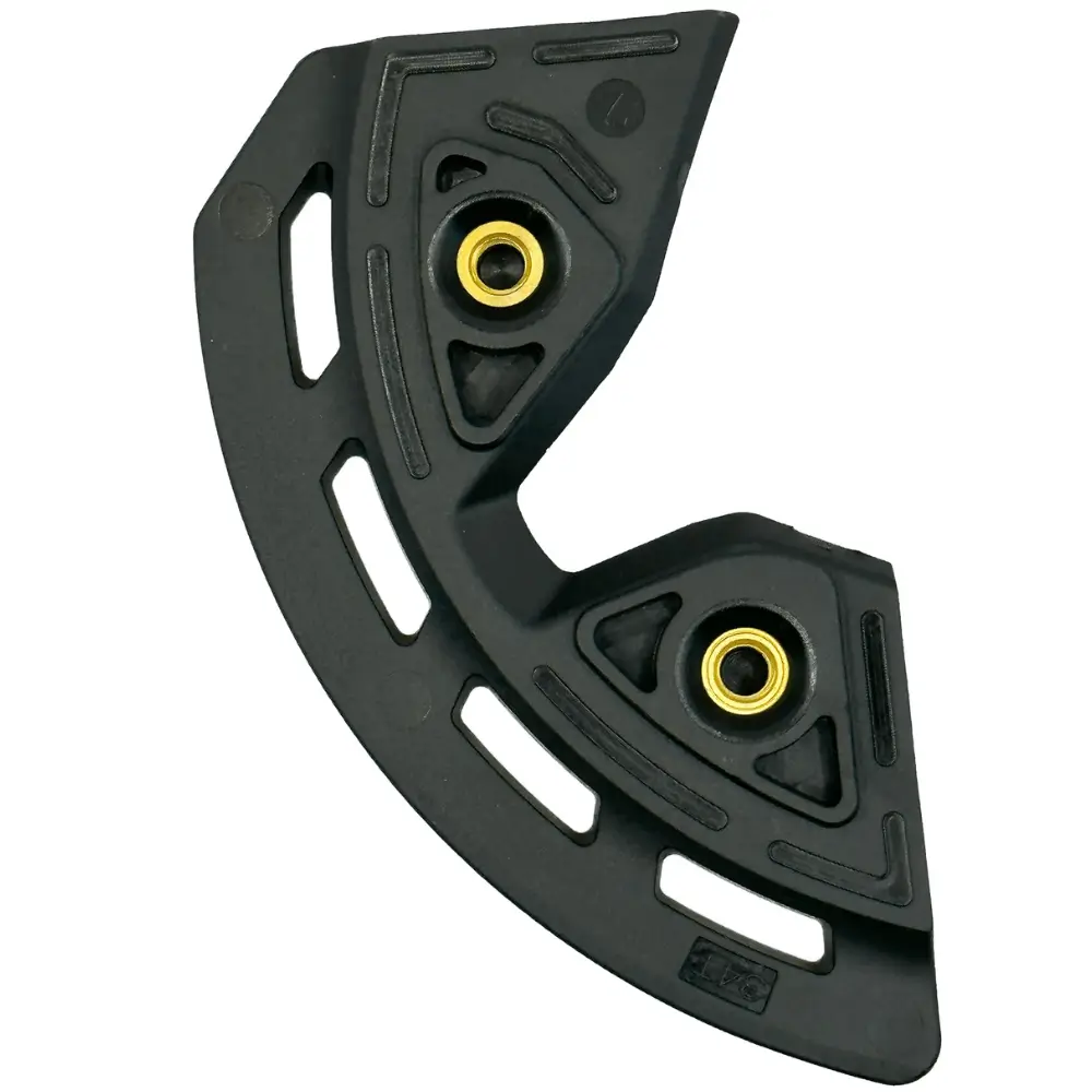 A picture of the back of a black SRAM Bash Guard for Eagle Chainrings gold bolts against a white background.