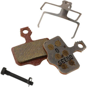 Copper colored organic SRAM eTap AXS Level Disc Brake Pads with spring, clip and pin against a white background