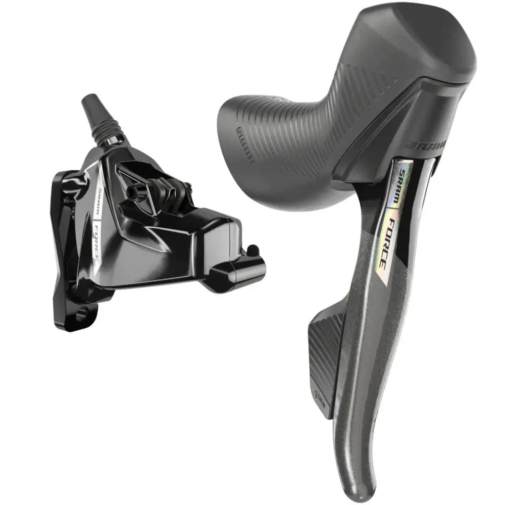 Side view of SRAM Force D2 AXS Hydraulic Shift-Brake Levers with Calipers on a white background