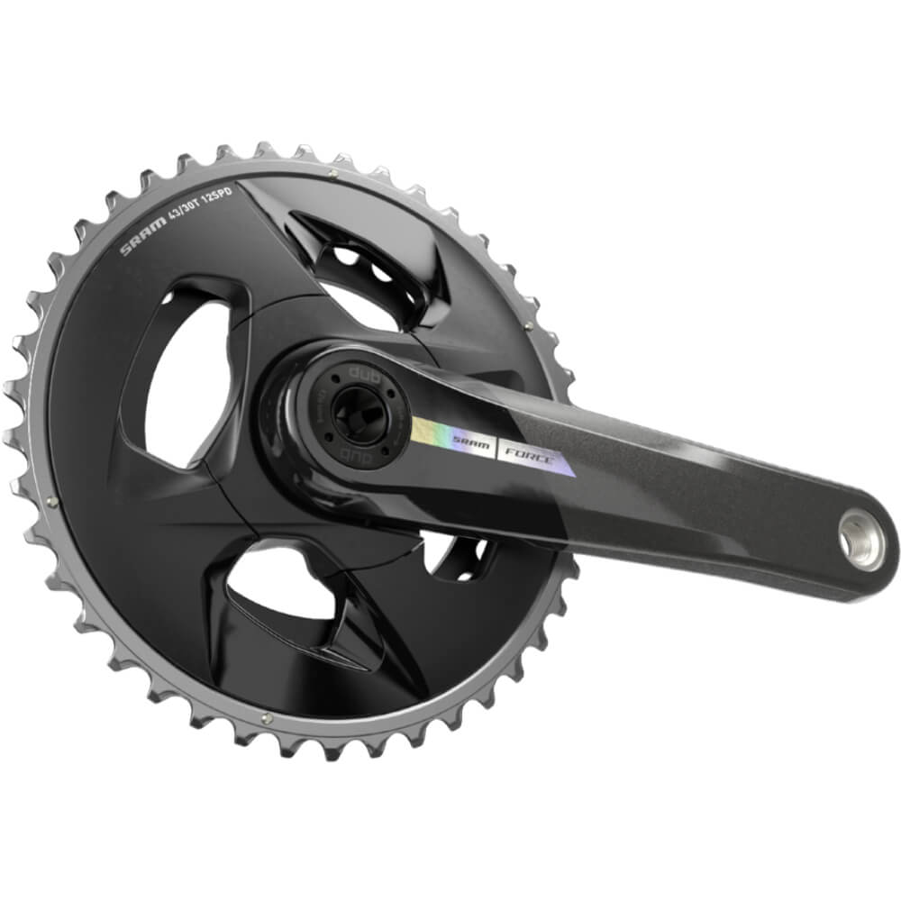An angled image of SRAM Force D2 43/30 Wide 2x crankset with iridescent logo on a white background.