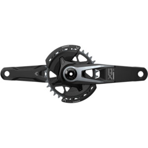 A silver and black SRAM X0 Eagle Transmission DUB Crankset against a white background.
