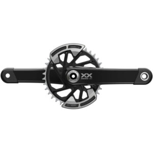 A glossy black and silver SRAM XX Eagle crankset on a white background.