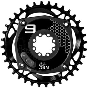 A black and white SRM SRAM 8-bolt MTB power meter with chainring on a white background.