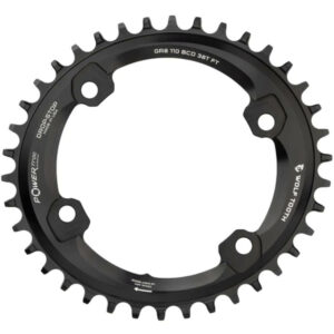 A black elliptical Wolf Tooth 1x chainring on a white background.